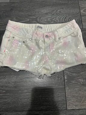 PINK Victoria's Secret White Sequin & Soft Pink Tie-Dye Denim Shorts
